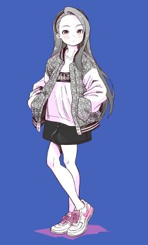 1girl absurdres anjerain blue_background blush child collarbone hands_in_pockets headband highres idolmaster idolmaster_(classic) jacket long_hair looking_at_viewer minase_iori miniskirt open_clothes open_jacket shoes skirt sneakers solo