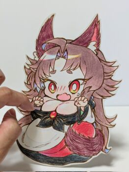 1girl animal_ears breasts bright_pupils brown_hair chibi cleavage commentary_request dress highres imaizumi_kagerou karyuu_(raoz) large_breasts long_hair parted_bangs photo_(medium) pulling_another's_clothes red_dress red_eyes short_eyebrows solo_focus sweat tail touhou traditional_media very_long_hair white_background white_dress white_pupils wolf_ears wolf_girl wolf_tail