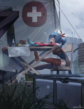 1girl absurdres bag black_bodysuit blue_gloves blue_hair bodysuit bowl braid breasts chair closed_eyes cloth cloud cloudy_sky colphne_(girls'_frontline_2) colphne_(silent_heart)_(girls'_frontline_2) container cross feet girls'_frontline girls'_frontline_2:_exilium gloves grass hair_ornament hair_ribbon hairclip hat highres medium_hair microscope no_shoes nurse_cap open_mouth outdoors pinkturnip232 red_ribbon ribbon rope sitting sky sleeveless sleeveless_bodysuit small_breasts solo squeans stretching table thighhighs toes twitter_username