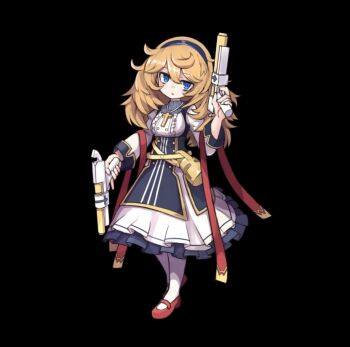 1girl belt black_background blonde_hair blue_eyes blue_hairband collared_dress cross dress dual_wielding full_body gun hair_between_eyes hairband head_tilt holding holding_gun holding_weapon jitome layered_sleeves long_sleeves luelle_(merc_storia) mary_janes merc_storia merc_storia_art_team official_art pantyhose parted_lips red_shoes shoes short_over_long_sleeves short_sleeves simple_background solo standing tachi-e underbust weapon white_pantyhose yellow_belt