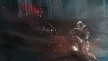 2others absurdres armor artskiddy69 breastplate cape column commentary embers english_commentary fighting full_body glowing glowing_eye greatsword helmet highres holding holding_sword holding_weapon indoors motion_blur multiple_others pillar shadow_slave sword weapon