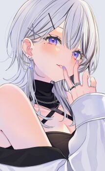 1girl absurdres bare_shoulders black_collar blue_eyes blue_nails collar commentary criss-cross_halter ear_piercing earrings grey_background grey_hair halterneck highres jewelry long_sleeves looking_at_viewer medium_hair nekotora_(nekotora0116) original parted_lips piercing portrait ring simple_background smile symbol-only_commentary upper_body