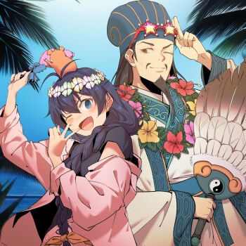 1boy 1girl absurdres antenna_hair archived_source beard black_hair black_shirt blue_eyes blue_hat blue_sky blush bow braid braided_ponytail brown_eyes chinese_clothes commentary commentary_request commission crossover day drakhend66 english_commentary eyewear_on_head facial_hair fang feather_fan flower flower_necklace flower_wreath ganaha_hibiki guanjin hair_bow hair_over_shoulder hamster hamster_on_head hamuzou hand_fan hand_up hanfu hat head_wreath highres holding holding_fan idolmaster idolmaster_(classic) jacket jacket_partially_removed jewelry long_hair long_sleeves looking_at_another looking_at_viewer mustache neck_flower necklace ocean one_eye_closed open_mouth orange_bow outdoors palm_leaf paripi_koumei pink_jacket salute shirt sidelocks sky smile star-shaped_eyewear star_(symbol) t-shirt two-finger_salute upper_body v yin_yang zhuge_kongming_(paripi_koumei)