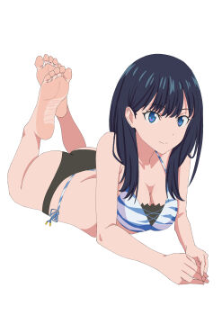 1girl ass barefoot black_hair blue_eyes breasts cleavage feet gridman_universe highres long_hair looking_at_viewer lying on_stomach piaofu_wu smile soles ssss.gridman takarada_rikka the_pose toes