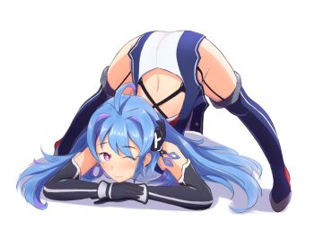 1girl ahoge arm_rest ass azur_lane blue_hair blue_thighhighs bright_pupils flexible guilty_gear guilty_gear_strive helena_(azur_lane) jack-o'_challenge kyl490 long_hair meme one_eye_closed plunging_neckline purple_eyes solo spread_legs thighhighs top-down_bottom-up wide_spread_legs