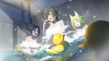 3girls :d animal_ear_fluff animal_ears anime_coloring black_hair blonde_hair breasts cleavage convenient_censoring danmachi_battle_chronicle dungeon_ni_deai_wo_motomeru_no_wa_machigatteiru_darou_ka fox_ears fox_girl game_cg green_eyes grey_eyes hair_bun hands_up highres hitachi_chigusa indoors light_blush medium_breasts multiple_girls non-web_source nude official_alternate_hairstyle official_art open_mouth partially_submerged rubber_duck same-sex_bathing sanjouno_haruhime shared_bathing short_hair single_hair_bun smile splashing steam steam_censor yamato_mikoto