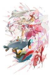 1girl ;d absurdres bead_bracelet beads belt belt_buckle blonde_hair bracelet buckle chinese_commentary commentary_request diancie dress eyewear_on_head floating_hair gastrodon gastrodon_(east) gen_4_pokemon gen_6_pokemon gen_7_pokemon green_eyes grin hat highres holding holding_hands holding_poke_ball jewelry legendary_pokemon lillie_(pokemon) lurantis magnezone mega_diancie mega_pokemon mythical_pokemon nintendo nothingtolose one_eye_closed open_mouth pink_belt pink_shorts poke_ball pokemon pokemon_(creature) pokemon_sm shoes shorts smile sun_hat sundress sylveon tinted_eyewear togekiss watch white_dress white_footwear white_headwear wide_shot wristwatch