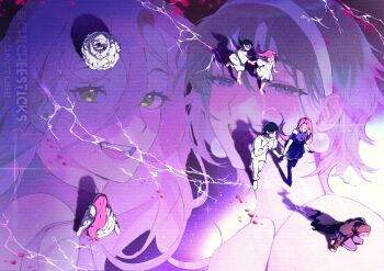 2girls absurdres alien_stage artist_name black_cloak black_dress black_gloves black_hair blood chicheesticks cloak commentary dress earrings english_commentary glasses gloves hairband highres holding_hands hood hood_up hooded_cloak jewelry long_hair mizi_(alien_stage) multiple_girls pearl_earrings pink_hair purple_eyes short_hair sitting sphere_earrings sua_(alien_stage) white_dress white_gloves white_hairband yellow_eyes