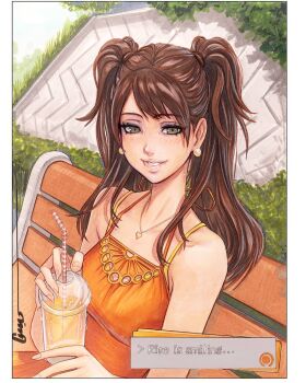 1girl artist_name bench blush breasts brown_eyes brown_hair cup dress drinking_straw earrings grass heart heart_necklace highres jewelry kujikawa_rise lips looking_at_viewer necklace omar_dogan on_bench orange_dress persona persona_4 smile solo twintails user_interface