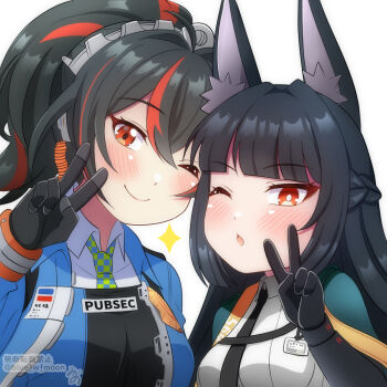 Rule 34 | 2girls, animal ear fluff, animal ears, black gloves, black hair, black necktie, blue jacket, blue w moon, blunt bangs, blush, closed mouth, commentary request, fox ears, fox girl, gauntlets, gloves, hair between eyes, hairband, highres, hoshimi miyabi, jacket, long hair, metal hairband, multicolored hair, multiple girls, necktie, one eye closed, open mouth, orange eyes, orange hair, police, police uniform, policewoman, red eyes, revision, sidelocks, simple background, single gauntlet, sparkle, streaked hair, two-tone hair, v, white background, zenless zone zero, zhu yuan