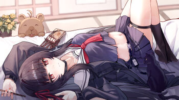 1girl arm_up black_cat black_hair black_jacket black_shirt black_skirt black_socks breasts bright_pupils capybara cat chisa_(wuthering_waves) closed_mouth commentary food hair_ribbon highres holding holding_food holding_pocky indoors jacket light_blush long_hair long_sleeves looking_at_viewer lying medium_breasts midriff namipon_(wuthering_waves) navel on_back on_bed pocky red_eyes red_ribbon ribbon sailor_collar shengwr shirt skirt socks solo thigh_strap white_pupils white_sailor_collar wuthering_waves