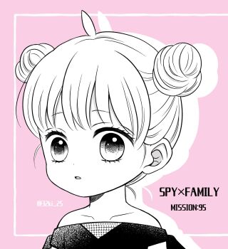 Rule 34 | 1girl, 32ki 25, ahoge, anya (spy x family), bare shoulders, collarbone, commentary request, copyright name, double bun, greyscale with colored background, hair bun, highres, off shoulder, pink background, portrait, solo, spy x family, twitter username