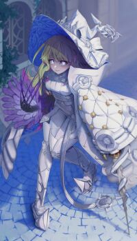 1girl bebebe_mayakasi blonde_hair bodysuit boots breasts coat diabellze_the_original_sinkeeper duel_monster glowing glowing_eyes hat highres large_breasts long_hair looking_at_viewer multicolored_hair purple_eyes purple_hair slit_pupils solo streaked_hair thigh_boots white_bodysuit white_boots white_coat white_hat witch_hat yu-gi-oh!