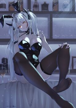 1girl azur_lane feet hand_on_own_knee highres long_hair looking_at_viewer on_table orange_eyes playboy_bunny prinz_eugen_(azur_lane) ropi_(yyuichi29) see-through_clothes see-through_legwear sitting soles table thighhighs toes twintails white_hair