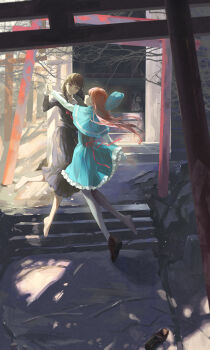 2girls absurdres arm_at_side bare_tree barefoot black_hair black_serafuku black_shirt black_skirt blue_capelet blue_dress braid braided_twintails capelet commentary_request day dress eye_contact full_body grey_pantyhose grin hand_up highres holding_hands interlocked_fingers long_hair long_skirt long_sleeves looking_at_another multiple_girls original outdoors pantyhose path pleated_skirt road sailor_collar school_uniform serafuku shade shirt shoes single_shoe skirt smile stairs torii_illust tree twin_braids unworn_shoes white_sailor_collar yuri