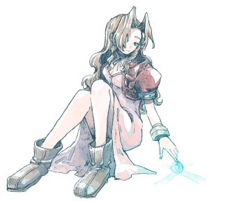 1girl aerith_gainsborough ball bangle boots bracelet breasts brown_boots brown_hair center_opening choker cleavage cropped_jacket dress final_fantasy final_fantasy_vii full_body hair_over_shoulder jacket jewelry long_dress long_hair materia medium_breasts michibata_65 parted_bangs pink_dress puffy_short_sleeves puffy_sleeves red_jacket ribbon_choker short_sleeves sidelocks sitting solo white_background