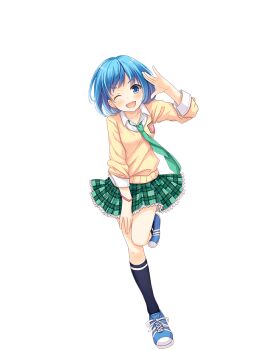 1girl black_socks blue_eyes blue_hair blue_shoes cardigan full_body girlfriend_(kari) green_necktie green_skirt hazuki_yuzuko kneehighs looking_at_viewer miniskirt necktie official_art one_eye_closed open_mouth plaid_clothes plaid_skirt pleated_skirt qp:flapper school_uniform shirt shoes simple_background skirt sleeves_rolled_up smile sneakers socks solo thighs transparent_background white_shirt yellow_cardigan