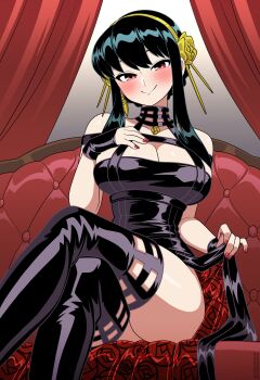 1girl absurdres ass bare_shoulders black_dress black_hair blush breasts cleavage curtains dress earrings gold_earrings gold_hairband hair_ornament hairband highres jewelry large_breasts looking_at_viewer nail_polish nico-neko red_eyes sidelocks sitting smile solo spy_x_family yor_briar