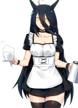 Rule 34 | 1girl, ahoge, animal ears, apron, black choker, black hair, black thighhighs, breasts, choker, cleavage, closed mouth, collarbone, commentary request, cowboy shot, cup, earrings, hair between eyes, highres, holding, holding coffee pot, holding cup, horse ears, horse girl, horse tail, jewelry, long hair, maid, manhattan cafe (umamusume), minew, multicolored hair, puffy short sleeves, puffy sleeves, short sleeves, simple background, single earring, small breasts, smile, solo, streaked hair, tail, thighhighs, umamusume, very long hair, white background, white hair, wrist cuffs, yellow eyes
