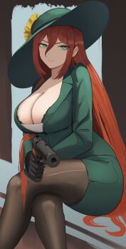 1girl absurdres black_hat breasts brown_pantyhose cleavage closed_mouth collarbone commentary cowboy_shot crossed_legs english_commentary finger_on_trigger flower green_eyes grey_jacket grey_skirt gun hair_between_eyes hair_flowing_over handgun hat hat_flower highres holding holding_gun holding_weapon jacket klottinen large_breasts long_hair makarov_pm original pantyhose pencil_skirt red_hair sidelocks simple_background sitting skirt smile smirk solo suit_jacket sun_hat suppressor thighs very_long_hair weapon