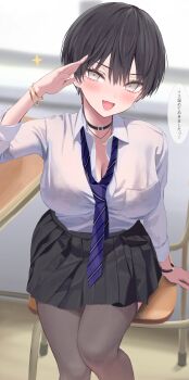 1girl absurdres black_choker black_hair black_skirt blue_necktie blurry blurry_background blush bra_visible_through_clothes bracelet breasts chair choker cleavage collared_shirt commentary_request desk earrings eyelashes gold_bracelet grey_eyes grey_thighhighs highres indoors jewelry multiple_bracelets necklace necktie norio_(noriosub) on_chair open_mouth original salute school_desk school_uniform see-through_clothes see-through_shirt shirt short_hair sitting skirt smile solo speech_bubble striped_necktie thighhighs tomboy translation_request very_short_hair watch wristwatch