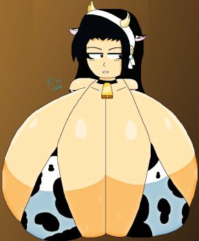 Rule 34 | 1girl, animal ears, animal print, bikini, black eyes, black hair, breasts, chizuru kagura, cow ears, cow girl, cow horns, cow print, female focus, horns, huge breasts, kagura chizuru, krissahigashi12, large breasts, long hair, pale skin, swimsuit, the king of fighters, wet