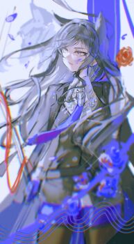 1girl absurdres animal_ear_fluff animal_ears arknights black_hair black_jacket black_pants blue_necktie commentary_request highres jacket long_hair looking_to_the_side necktie pants parted_lips sakiyo shirt solo texas_(arknights) white_shirt wolf_ears wolf_girl yellow_eyes