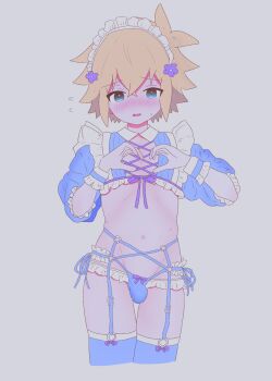 1boy absurdres bare_arms basil_(faraway)_(omori) basil_(omori) blonde_hair blue_eyes blue_panties blue_ribbon blue_shirt blue_thighhighs blue_wrist_cuffs bow bow_legwear bulge collared_shirt commentary_request crop_top cropped_legs cropped_shirt cross-laced_clothes cross-laced_top crossdressing crossdressing_(mtf) crossed_bangs double-parted_bangs eyes_visible_through_hair flipped_hair flower flying_sweatdrops frilled_panties frilled_shirt frilled_wrist_cuffs frills garter_belt garter_straps grey_background groin hair_between_eyes hair_flower hair_ornament hands_up headdress highres maid_headdress male_focus navel o-ring omori panties parted_lips puffy_sleeves purple_bow purple_flower raised_inner_eyebrows ribbon ribs saji_neko shirt short_hair side-tie_panties sidelocks simple_background solo stomach straight-on sweat thigh_gap thighhighs three-quarter_sleeves tongue underwear white_headdress white_trim wrist_cuffs