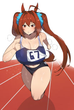 1girl ahoge animal_ears bare_shoulders blush breasts buruma cleavage collarbone daiwa_scarlet_(umamusume) dr_octojuice full_body hair_intakes highres horse_ears horse_girl horse_tail huge_breasts long_hair running_track solo steaming_body sweat tail thick_thighs thighs twintails umamusume very_long_hair