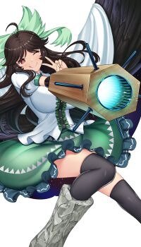 Rule 34 | 1girl, :q, ahoge, arm cannon, black hair, black thighhighs, black wings, blush, bow, breasts, cape, closed mouth, commentary request, control rod (touhou), feathered wings, feet out of frame, frilled skirt, frills, green bow, green skirt, hair bow, hataraki kuma, highres, large breasts, long hair, looking at viewer, one eye closed, print cape, puffy short sleeves, puffy sleeves, red eyes, reiuji utsuho, shirt, short sleeves, simple background, skirt, smile, solo, starry sky print, thighhighs, tongue, tongue out, touhou, two-sided cape, two-sided fabric, v, weapon, white background, white cape, white shirt, wings