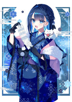 1girl :d absurdres black_bow black_gloves blue_eyes blue_hair blue_kimono bow braid commentary_request egasumi floral_print gloves highres holding japanese_clothes kimono long_sleeves looking_at_viewer multicolored_hair obi omikuji on_shoulder open_mouth original print_kimono sash shiohari_kanna single_hair_intake smile solo two-tone_hair wide_sleeves