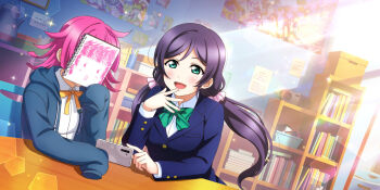 2girls :o ahoge anime_coloring blazer blue_hoodie blue_jacket blunt_bangs blunt_ends blush book book_stack boombox bow bowtie box breasts cellphone chair clubroom diagonal-striped_bow diagonal-striped_bowtie diagonal-striped_clothes dress_shirt dutch_angle elbow_on_table elbows_on_table evening green_bow green_bowtie green_eyes hair_ornament hair_scrunchie hand_up handheld_game_console highres holding holding_sketchbook hood hood_down hoodie indoors jacket kishimen_hair large_breasts lens_flare light_rays long_hair long_sleeves looking_at_object looking_at_phone looking_down love_live! love_live!_nijigasaki_high_school_idol_club love_live!_school_idol_festival_all_stars love_live!_school_idol_project low_twintails medium_hair multiple_girls neck_ribbon nijigasaki_school_uniform official_art on_chair open_clothes open_hand open_hoodie open_mouth otonokizaka_school_uniform phone pink_hair pink_scrunchie poster_(object) purple_hair ribbon rina-chan_board school_uniform scrunchie shelf shirt sitting sketchbook sleeves_past_fingers sleeves_past_wrists small_breasts smartphone smile sparkle spread_fingers striped_bow striped_bowtie striped_clothes sunbeam sunlight table teapot tennoji_rina tojo_nozomi twintails upper_body white_shirt winter_uniform yellow_ribbon