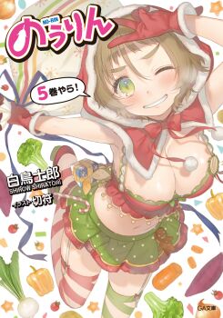 10s 1girl badge breasts broccoli candy candy_cane cleavage cover cover_page female_focus food garter_straps gift gingerbread_man gloves green_eyes grin highres holding hood kippu large_breasts looking_at_viewer nakazawa_minori navel no-rin official_art one_eye_closed sack smile solo v