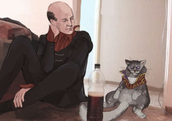 1boy 1other animal balding black_coat black_pants bottle brown_hair cat coat collar collared_coat commentary english_commentary grey_fur hand_on_own_face haskill highres indoors juliet_sleeves kinrypu long_coat long_sleeves looking_at_another mature_male on_ground ornate_clothes pants puffy_sleeves purple_eyes red_collar sitting sketch the_elder_scrolls the_elder_scrolls_iv:_oblivion the_elder_scrolls_online