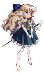 Rule 34 | 1girl, absurdres, blonde hair, blue bow, blue dress, blue eyes, bow, dress, elbow gloves, frilled dress, frills, full body, gloves, hair bow, highres, long hair, looking to the side, open mouth, original, pantyhose, rapier, robomb, simple background, sketch, smile, solo, sword, weapon, white background, white gloves, white pantyhose