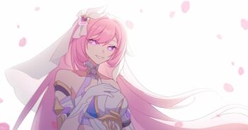 1girl bare_shoulders breasts bridal_veil chinese_commentary commentary_request corset diamond-shaped_pupils diamond_(shape) elysia_(herrscher_of_human:_ego)_(honkai_impact) elysia_(honkai_impact) falling_petals gloves highres honkai_(series) honkai_impact_3rd large_breasts long_hair multicolored_hair petals pink_hair purple_eyes qiu_youyou smile solo symbol-shaped_pupils two-tone_hair upper_body veil very_long_hair white_corset white_gloves white_hair