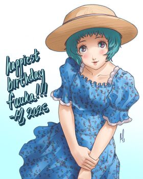1girl alternate_costume blue_background blue_dress brown_eyes colored_eyelashes dress floral_print flower gradient_background happy_birthday hat highres looking_at_viewer persona persona_3 persona_3_reload puffy_sleeves rose rose_print short_hair short_sleeves signature solo two-tone_background very_short_hair white_background xeeoh yamagishi_fuuka