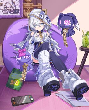 Rule 34 | 1girl, absurdres, bare shoulders, bean bag chair, blue eyes, boots, bow, breasts, chinese commentary, chips (food), closed mouth, commentary request, cup, detached sleeves, drinking glass, food, grey hair, hair between eyes, hair bow, hand puppet, handheld game console, highres, honkai (series), honkai impact 3rd, indoors, juice, li shijin, long hair, looking at viewer, meme, official art inset, paper, pink pupils, potato chips, puppet, purple bow, purple thighhighs, sitting, small breasts, solo, teri derp (meme), theresa apocalypse, theresa apocalypse (schicksal's imperative), thighhighs, white boots, white hood