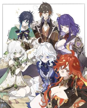 ... 2boys 4girls absurdres ahoge antenna_hair armor artist_name biker_clothes bikesuit black_suit blue_eyes blue_hair blue_suit blunt_bangs bodysuit bow bowtie bracelet braid breasts brown_hair brown_suit capelet chinese_clothes chinese_commentary cleavage closed_mouth clothing_cutout collared_shirt detached_sleeves dress fan_hair_ornament flower flower_ornament formal_clothes friends furina_(genshin_impact) genshin_impact glowing glowing_eyes gradient_hair green_capelet green_eyes hair_between_eyes hair_ornament head_tilt heterochromia highres huge_ahoge japanese_armor japanese_clothes jewelry kimono large_breasts leaning_back leaning_forward leaning_to_the_side long_braid long_hair long_sleeves looking_at_viewer looking_to_the_side mavuika_(genshin_impact) mitsudomoe_(shape) multicolored_hair multiple_boys multiple_girls nahida_(genshin_impact) neck_ribbon necktie off_shoulder purple_eyes purple_flower purple_hair purple_kimono raiden_shogun red_eyes red_hair red_ribbon ribbon seiza shade shadow shirt short_hair short_sleeves shorts shoulder_armor shoulder_cutout side_braids side_ponytail single_braid sitting sparkle speech_bubble standing streaked_hair suit thighs tomoe_(symbol) venti_(genshin_impact) wavy_hair white_background white_hair yellow_eyes zhongli_(genshin_impact) zhongvenyyds