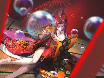 1girl bare_legs bare_shoulders blue_eyes breasts bubble cleavage code_geass collar geisha hair_ornament hairpin highres japanese_clothes kimono kouzuki_kallen looking_at_viewer medium_breasts photoshop_(medium) red_hair smoking_pipe tatami umbrella