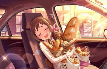 1girl bag baguette bread brown_hair car_interior car_seat closed_eyes croissant dress drill_hair drooling fang food frilled_shirt_collar frills hair_ornament happy highres holding holding_bag hugging_object idolmaster idolmaster_cinderella_girls light_blush light_particles light_rays loaf_of_bread long_sleeves melon_bread mouth_drool official_art ohara_michiru open_mouth overalls pinafore_dress pink_overalls pink_shorts plastic_bag shirt shorts sidelocks sleeveless sleeveless_dress smile solo_focus swept_bangs third-party_source white_shirt