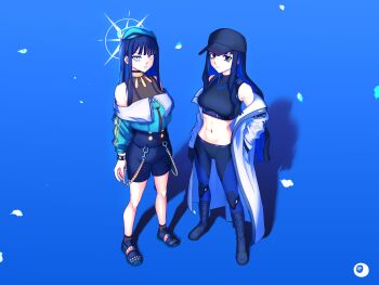 2girls absurdres armband bare_shoulders baseball_cap beret black_gloves black_hair black_hat black_pants black_shirt black_shoes black_shorts blue_archive blue_eyes blue_hair bracelet breasts buttons chest_harness coat colored_inner_hair cosplay costume_switch crop_top dantonphanton double-breasted eyeliner fate/grand_order fate_(series) gloves green_hat green_jacket grey_eyes halo harness hat high-waist_shorts highres jacket jewelry long_hair long_sleeves looking_at_viewer makeup medium_breasts midriff multicolored_hair multiple_girls navel neck_ring o-ring off_shoulder open_clothes open_coat pants saori_(blue_archive) shirt shoes shorts sidelocks sleeveless sleeveless_shirt solo tenochtitlan_(fate) tenochtitlan_(second_ascension)_(fate) white_coat
