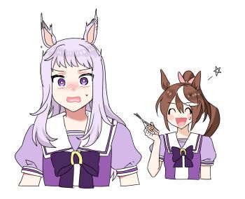 Rule 34 | 2girls, :d, ^ ^, alternate hairstyle, animal ears, bow, bowtie, brown hair, closed eyes, commentary request, cropped shoulders, cutting hair, habsida (habsida hpy), hair between eyes, hair bow, highres, holding, holding scissors, horse ears, horse girl, long hair, mejiro mcqueen (umamusume), multicolored hair, multiple girls, open mouth, pentagram, pink bow, ponytail, puffy short sleeves, puffy sleeves, purple bow, purple bowtie, purple eyes, purple hair, purple shirt, sailor collar, sailor shirt, school uniform, scissors, shirt, short bangs, short sleeves, simple background, smile, streaked hair, surprised, tokai teio (umamusume), tracen school uniform, two-tone hair, umamusume, white background, white hair, white sailor collar