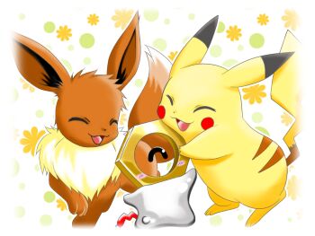 :d blush closed_eyes eevee gen_1_pokemon gen_7_pokemon kohakutoshion meltan mythical_pokemon nintendo no_humans one-eyed open_mouth pikachu pokemon pokemon_(creature) smile