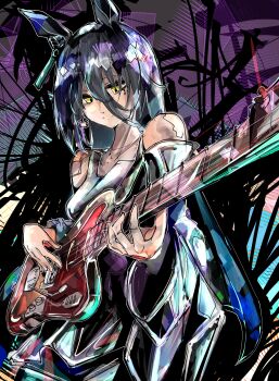 1girl absurdres animal_ears black_hair commentary cowboy_shot electric_guitar english_commentary guitar highres horse_ears horse_girl instrument manhattan_cafe_(umamusume) music playing_instrument torada_tetora umamusume yellow_eyes