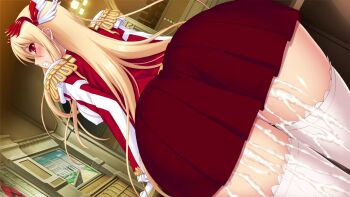 Rule 34 | 1girl, ass, ass focus, blonde hair, blush, clenched teeth, cum, cum in clothes, cum in pussy, cum on body, cum on lower body, cumdrip, embarrassed, long hair, miniskirt, monster park, monster park 2, nise okayu, okiyumi kase, red eyes, red skirt, scarlet lumberg, skirt, teeth, thighhighs, white thighhighs