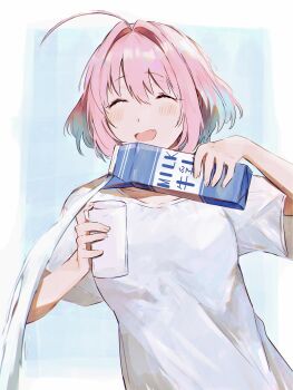 1girl absurdres ahoge blue_hair closed_eyes cup decantering drink_carton drinking_glass failure hair_intakes hamachamu highres holding holding_cup holding_milk_carton idolmaster idolmaster_cinderella_girls milk milk_carton multicolored_hair open_mouth pink_hair pouring shirt short_hair skeleton_print solo two-tone_hair upper_body white_shirt you're_doing_it_wrong yumemi_riamu