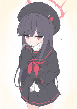 1girl absurdres black_gloves black_hair black_hat black_sailor_collar black_serafuku black_shirt black_skirt blue_archive blush closed_mouth commentary_request flying_sweatdrops gloves halo hat highres holding justice_task_force_member_(blue_archive) long_hair long_sleeves looking_at_viewer mask mask_pull miniskirt mizusaki_(kn27) mouth_mask neckerchief pleated_skirt red_eyes red_halo red_neckerchief sailor_collar school_uniform serafuku shirt sidelocks skirt sleeves_past_wrists snot solo white_mask