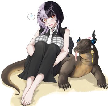 1girl animalization barefoot black_hair black_horns black_nails black_pants breasts commentary english_commentary feet grey_hair grey_shirt heart highres hololive hololive_english horns komodo_dragon large_breasts long_hair mmneko multicolored_hair nail_polish necktie nerissa_ravencroft pants plaid_clothes plaid_shirt shiori_novella shirt speech_bubble split-color_hair toenail_polish toenails toes two-tone_hair virtual_youtuber white_background white_necktie yellow_eyes