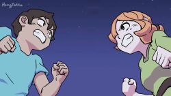 &gt;_&lt; +_+ 1boy 1girl alex_(minecraft) angry animated artist_name black_eyes blinking blue_gemstone blue_pants blue_shirt blue_sky boots breasts brown_footwear brown_hair brown_pants cat cave character_name chasing clenched_teeth cloud colored_skin creeper day diamond_(gemstone) english_text eye_contact fighting fleeing flying_sweatdrops full_moon gameplay_mechanics gem grass green_shirt green_skin grey_footwear hair_over_shoulder hair_tie happy highres holding holding_gem holding_sword holding_weapon hongyatta implied_death in_the_face kicking knee_boots ladder looking_at_another medium_hair minecraft lava moon open_mouth orange_hair outdoors pants punching reaching reflection running scratches shirt shoes short_hair short_sleeves sidelocks signature skeleton skeleton_(minecraft) sky small_breasts smile star_(sky) steve_(minecraft) sword teeth throwing throwing_person torch treasure_chest video villager_(minecraft) weapon zombie zombie_(minecraft)